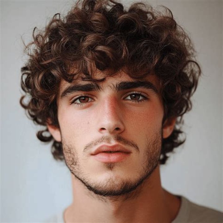 a man with curly hair smiling at the camera