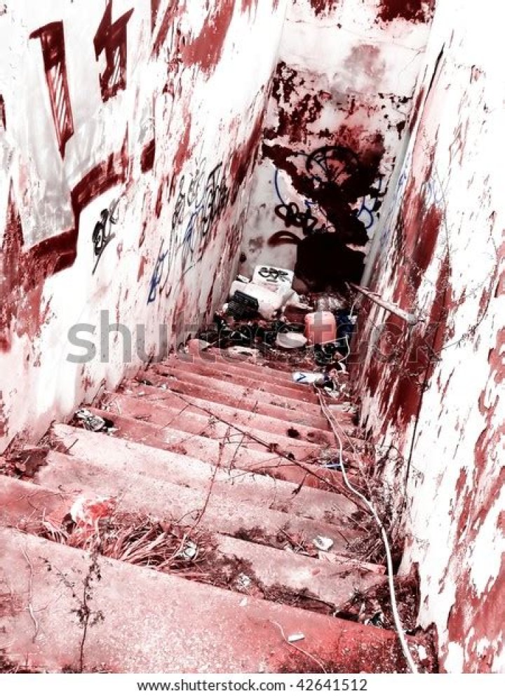 Bloody Crime Scene. Dangerous Bloody Stairs To The Basement. Stock