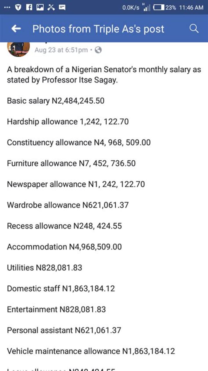 Break Down Of Nigeria Senator's Salary Per Monthly. By Itse Sagay
