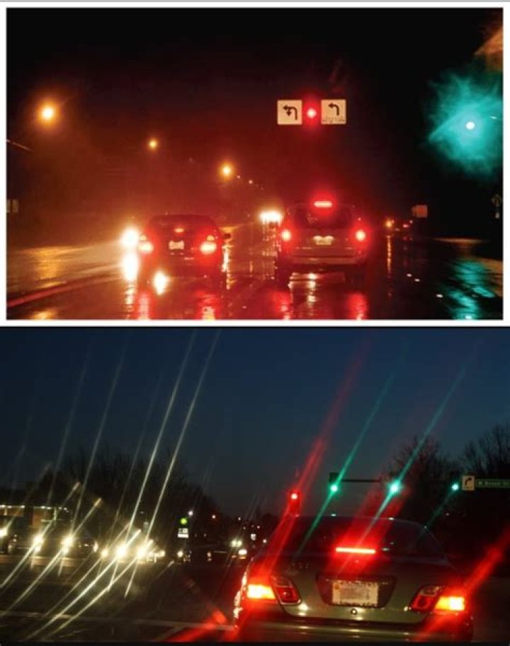 Driving at night with normal vision (top) vs. Driving at night with