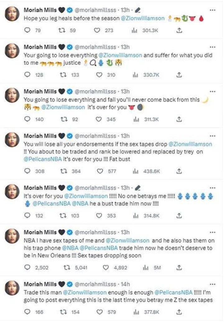 Exporn star Moriah Mills threatens to leak alleged Zion Williamson sex