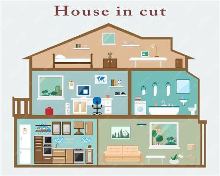 House in cut. Detailed interior. Set of rooms with furniture. Cross
