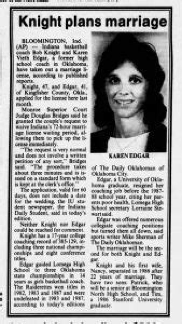 Karen Vieth Edgar, Bob Knight's wife Dicy Trends