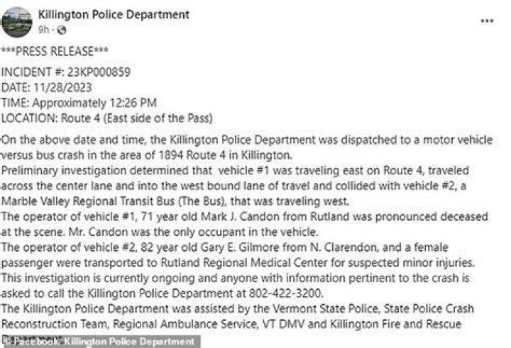 Mark Candon Car Accident Killington, VT 71 year old rutland man dead 2