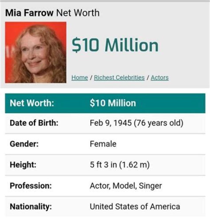 Mia Farrow Net Worth, Bio, Height, Family, Age, Weight, Wiki 2023