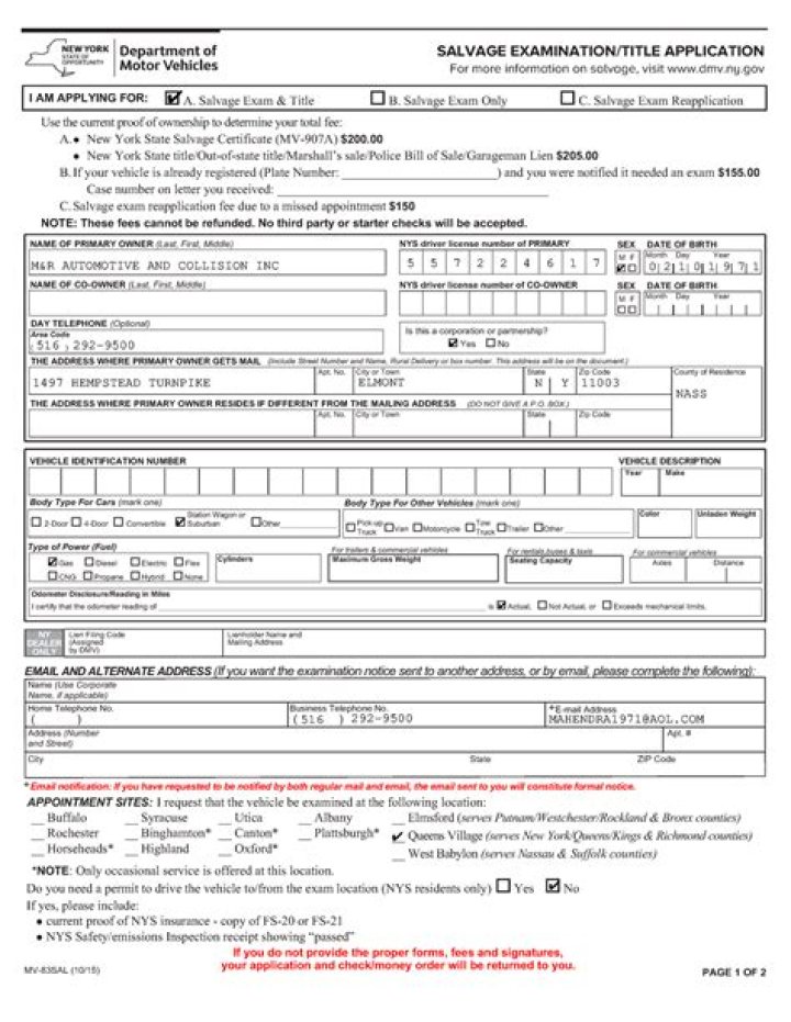 Salvage Application for new york Is this a corporation or partnership
