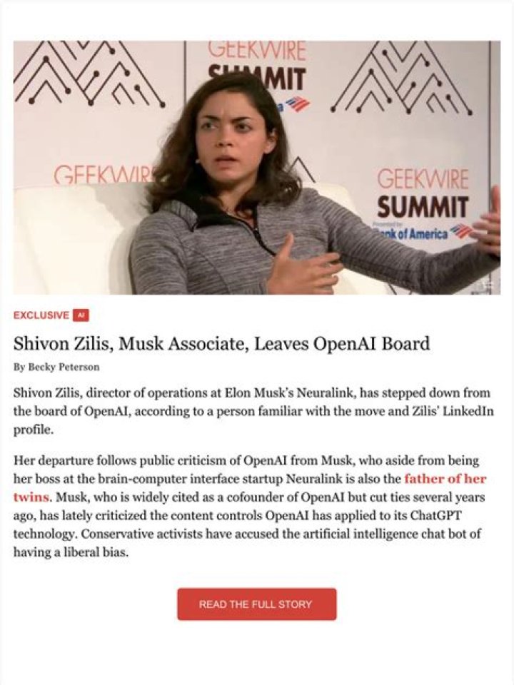 Shivon Zilis, Musk Associate, Leaves OpenAI Board &mdash; The Information