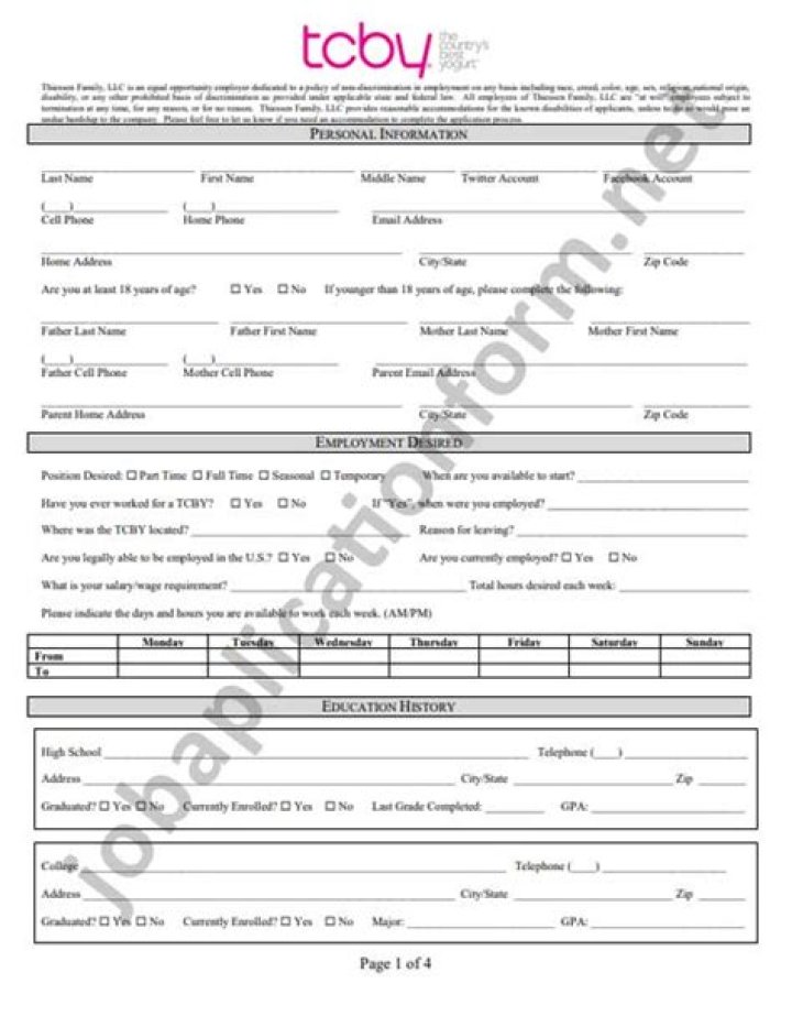 TCBY Application Form Printable PDF Careers & Job Applications 2023